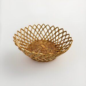 Vtg Bentwood Open Weave Rattan Points Round Basket Boho